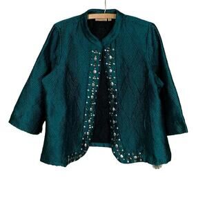 Choices Woman Metallic Teal 3/4 Sleeve Open Jeweled Accented Jacket- Size 1X